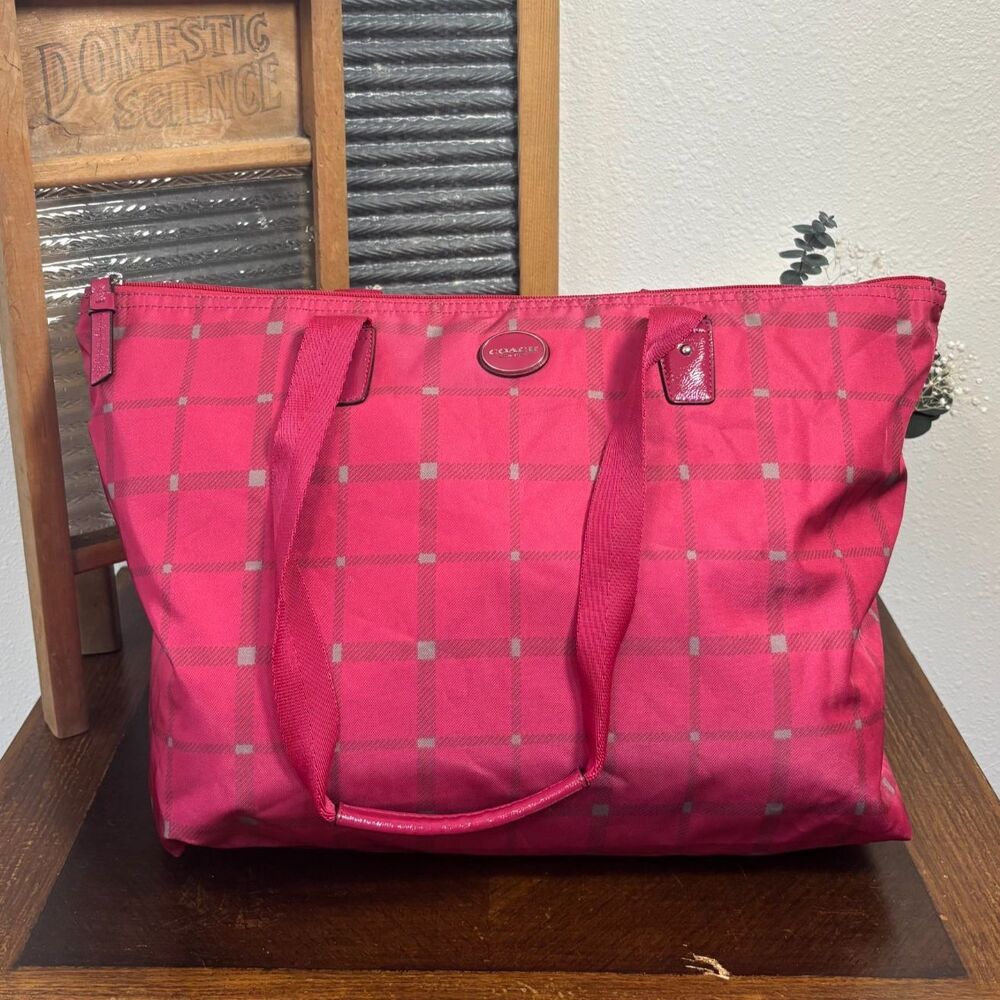 Coach Pink Plaid Large Nylon Tote Bag Shoulder Purse Zip Top 14"